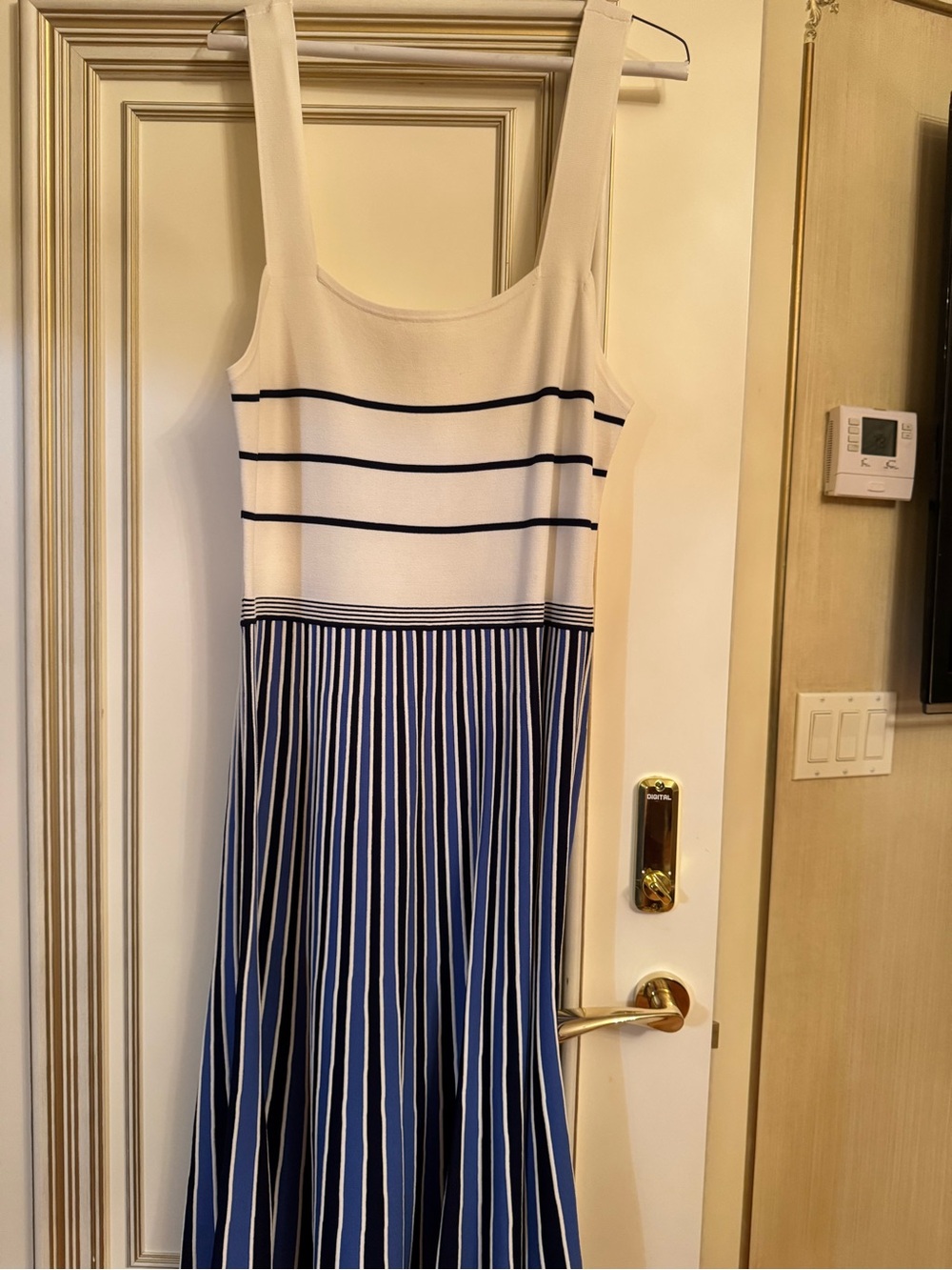 Diane Von Furstenberg Cream and Navy Striped Midi Dress - Picture 1 of 3